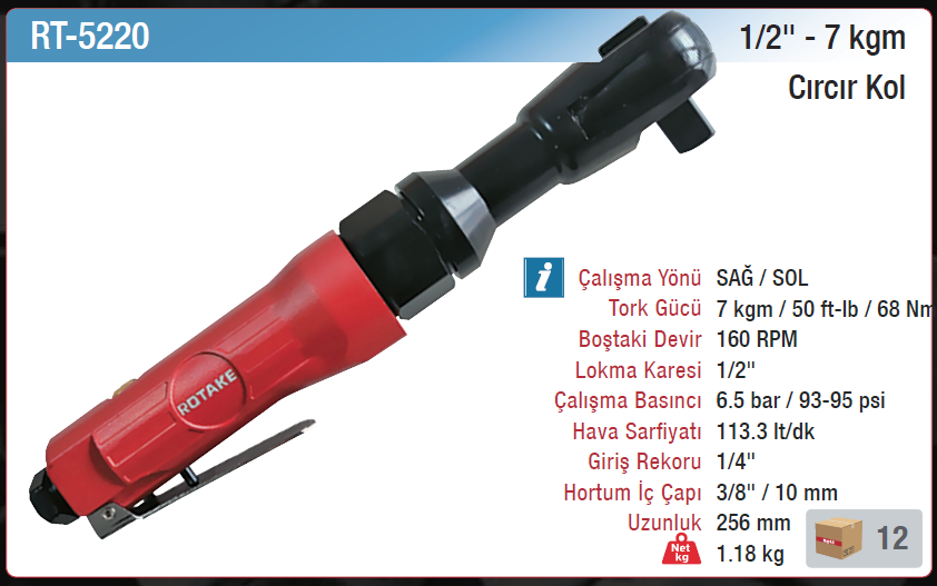 Rotake Rt-5220 Havalı Cırcır Kolu 1/2