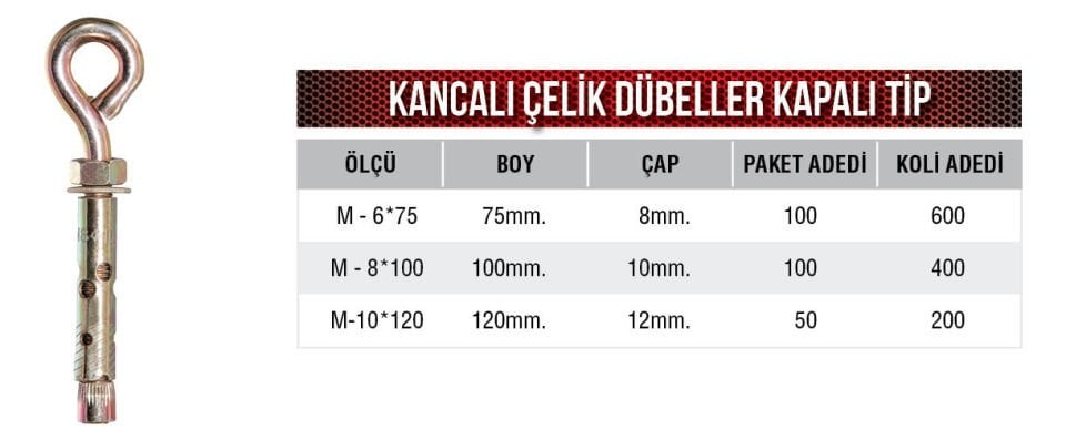 Kapalı Kancalı Dübel 6-8-10 mm