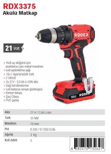Rodex RDX3375 Çift Akülü Matkap 20V/2.0 Amper