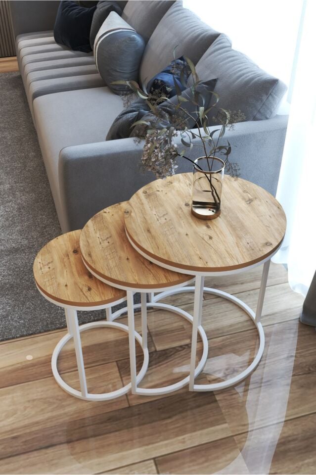 3'lü Lüx C Zigon Sehpa Beyaz Ardento Çam