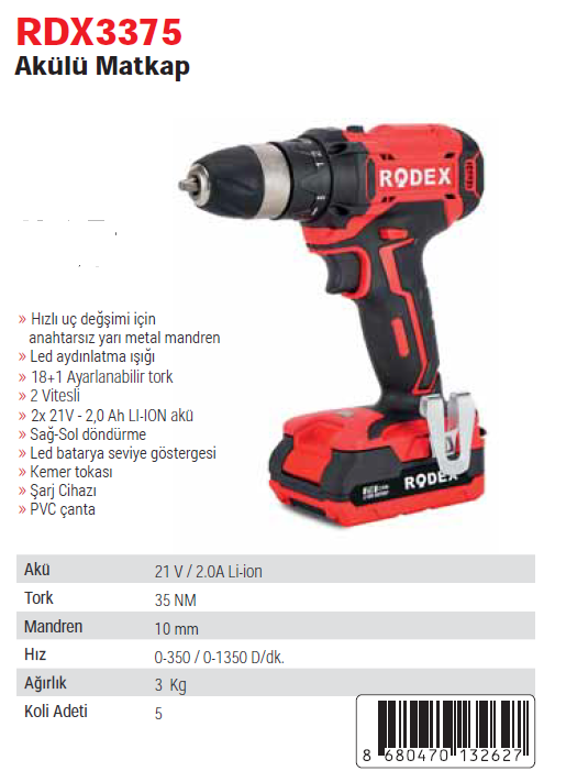 Rodex RDX3375A Çift Akülü Matkap 20V/2.0 Amper