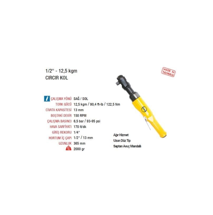 Yama AT-5054 1/2'' 12 5 Kg 150 Rpm Ağır Hizmet Havalı Cırcır Kol