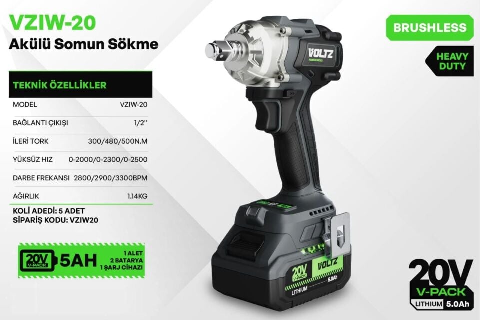 Voltz Somun Sıkma 20 Volt 5 Amper Çift Akülü 1/2 Soket VZIW-20