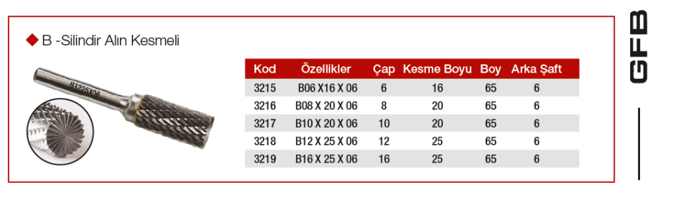 Gfb Kalıpçı Freze Ucu B Tipi Silindir Alın Kesmeli