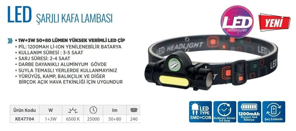 Led Şarjlı Kafa Lambası Feneri Klaus Ke47704