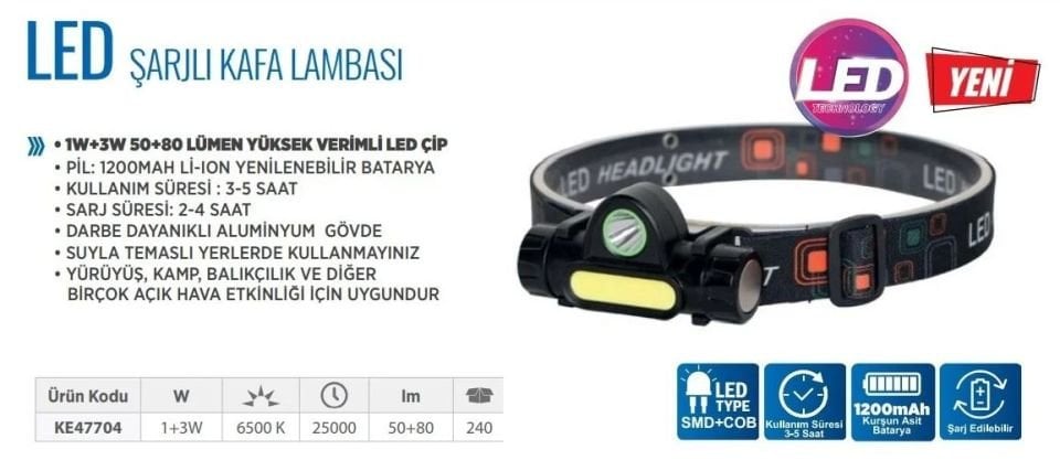 Led Şarjlı Kafa Lambası Feneri Klaus Ke47704