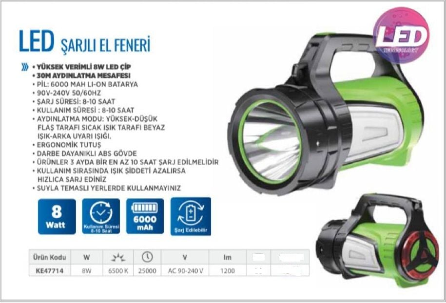 Led Şarjlı El Feneri 8w Klaus KE47714